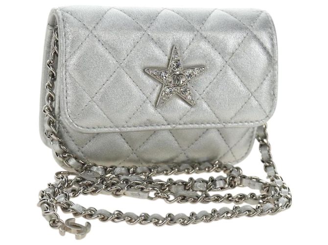 CHANEL Matelasse Chain Shoulder Bag Lamb Skin Silver CC Auth 190674SAM Argento