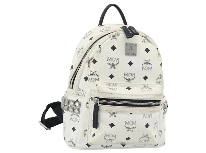Mochila MCM Vicetos de cuero PVC Blanco Plata Auth ka5127