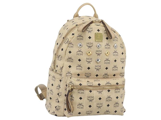 MCM Vicetos Logogram Rucksack PVC Leather Beige Gold Auth 190802 Golden