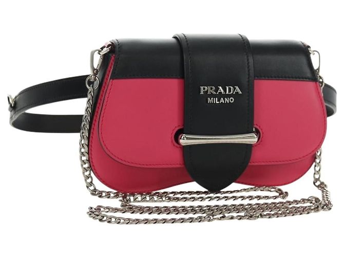 Borsa a Spalla con Catena PRADA Sydney in Pelle 2way Nero Rosa Argento Auth 186637SAM