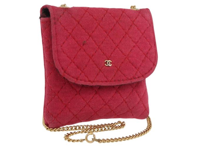 CHANEL Chain Pouch Cotton Pink Gold CC Auth mr2713 Golden