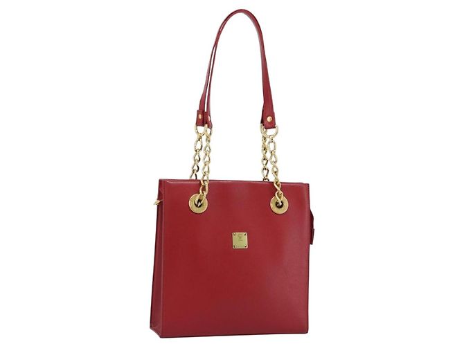 Bolsa de Ombro MCM em Couro Vermelho e Ouro Auth ar14008 Dourado