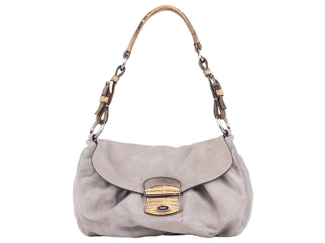 Prada 2000s Suede Lizard Buckle Hobo Shoulder Bag Grey