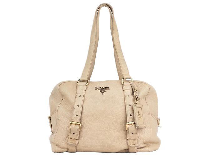 Prada 2000s Bauletto Shopper Shoulder Bag Beige