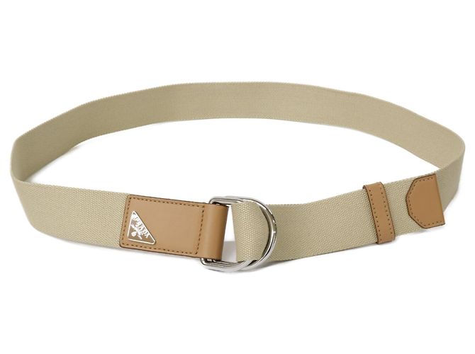 Prada Triangle Logo Plate Canvas Belt Beige