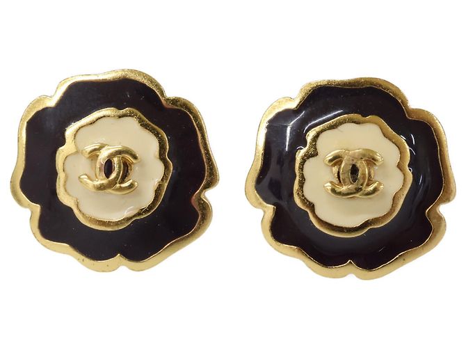 Timeless Orecchini a clip Chanel 03P Camellia Coco Mark Nero Bianco D'oro