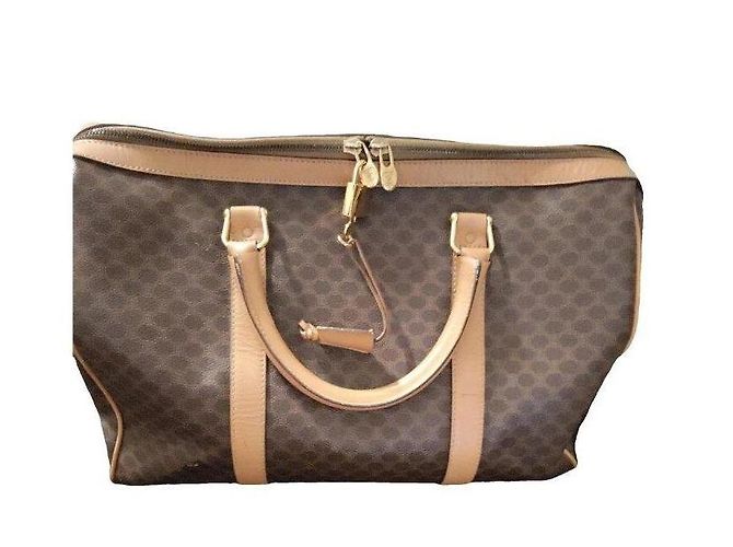 Céline Mala de viagem em lona revestida castanha e couro natural Marrom