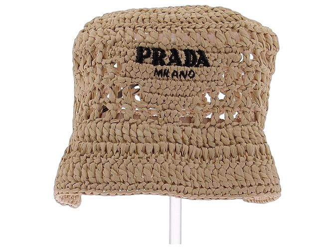 Prada Raffia Bucket Hat Beige