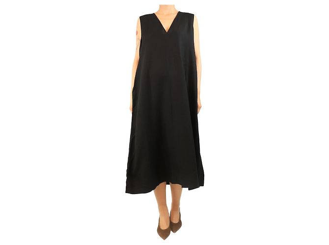 Autre Marque Midikleid aus Leinen in Schwarz - Größe L