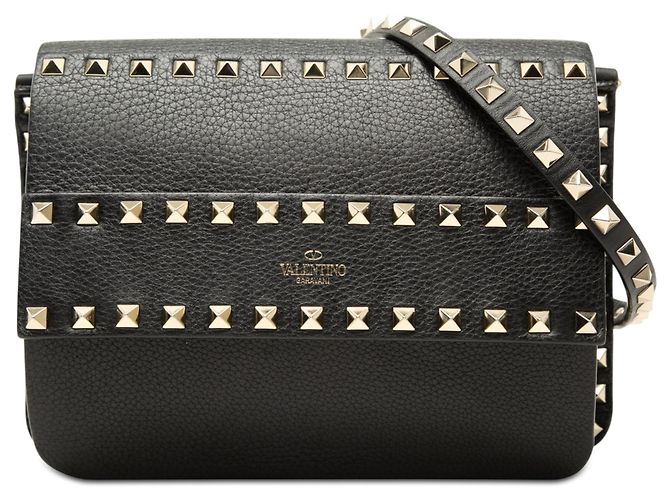 Bolsa Transversal Valentino Rockstud em couro de bezerro de grão pequeno preto