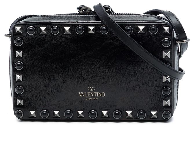 Bolsa de câmera Valentino Black Textured Leather Rolling Rockstud Preto
