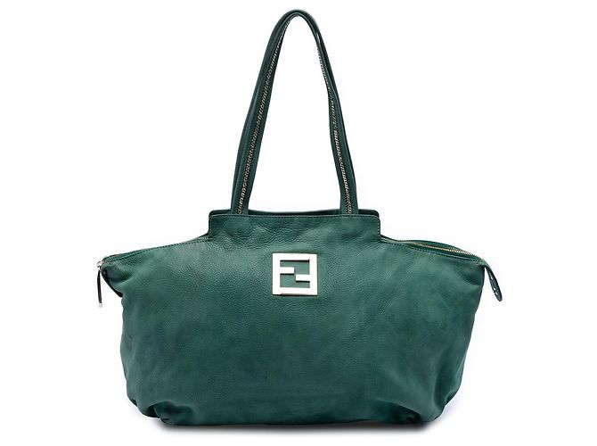 Fendi Green Medium FF Nubuck Chains Tote Grün
