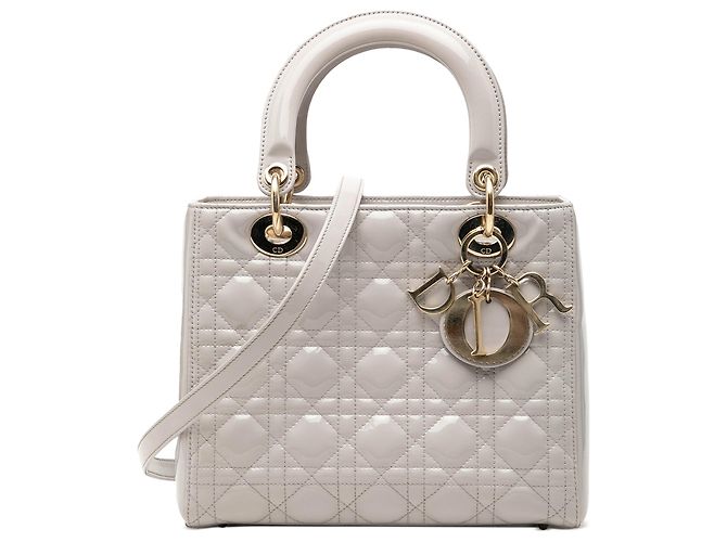 Lady Dior Cannage Dior in grau Lackleder, Größe Medium Braun