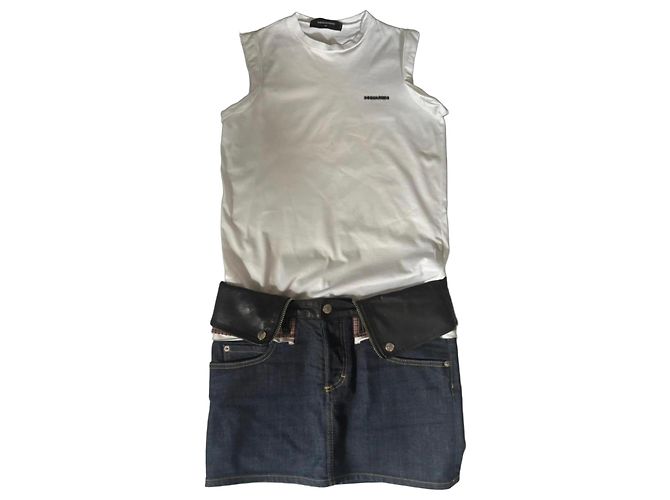 Dsquared2 Denim Skirt with Leather Belt Black White Blue