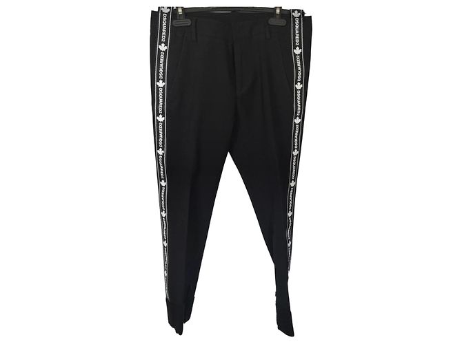 Dsquared2 Black Wool Blend Pants with Logo Tape