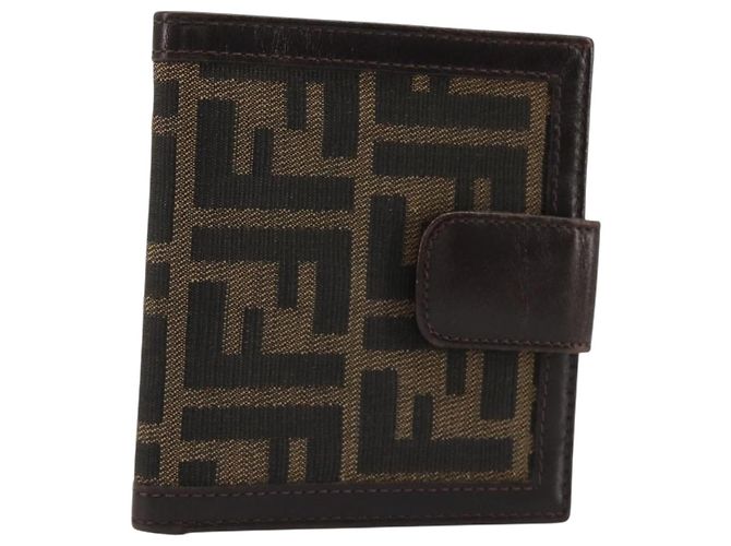 FENDI Zucca Canvas Portafoglio Compatto Nero Marrone Auth 189991A
