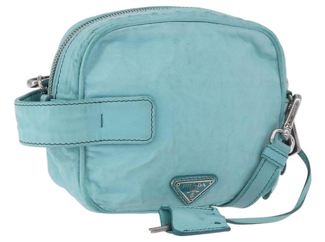 Bolsa de Ombro PRADA em Couro Azul Claro Prateado Auth ka5130 Prata