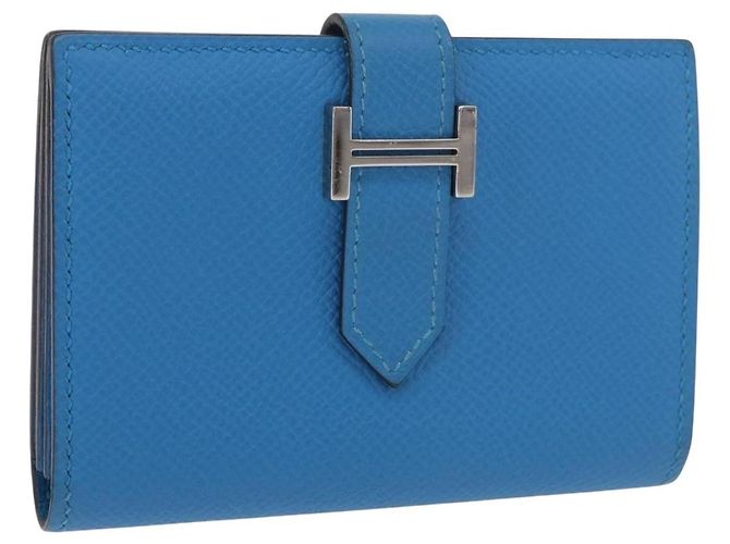 Hermès HERMES Bean Card Case Leather Blue Silver Auth 191663M Silvery
