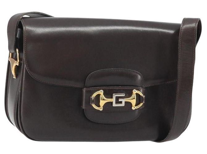 GUCCI Shoulder Bag Leather Brown Gold Auth ka4228 Golden