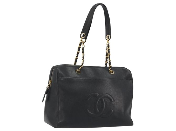 Borsa a Spalla CHANEL con Catena in Pelle Caviar Nera e Oro CC Auth 186613V Nero D'oro