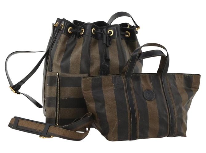 FENDI Borsa a Spalla Pecan PVC 2 Set Marrone Nero Auth bs35857