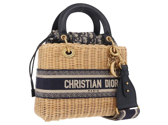 Christian Dior Oblique Jacquard Lady Dior Medium Rattan Navy Auth BA14029SAM