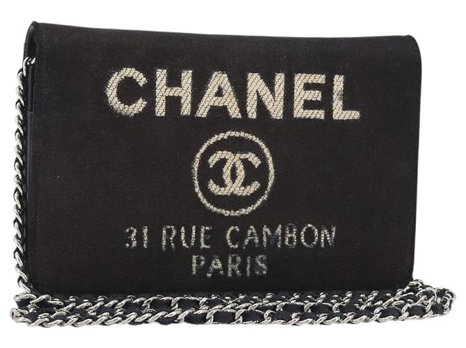 Bolsa de Alça de Corrente CHANEL Canvas Preta Prata CC Auth 188864 Preto