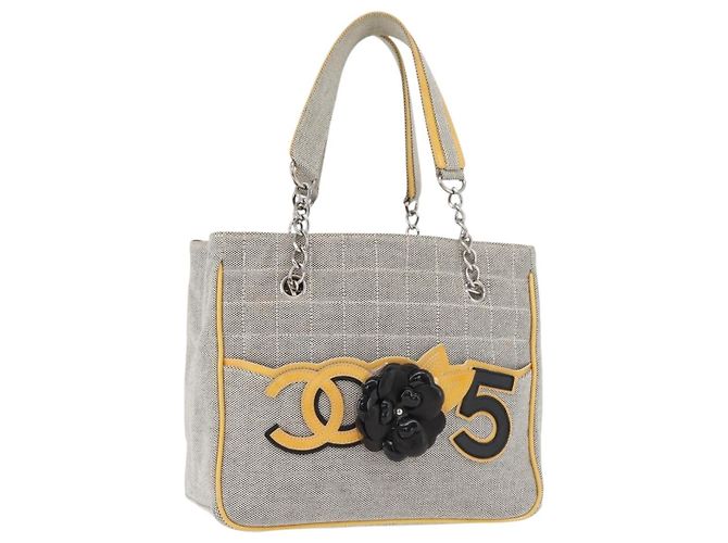 CHANEL Choco Bar Chain Shoulder Bag Canvas Gray Silver CC Auth 181350A Marrone Argento