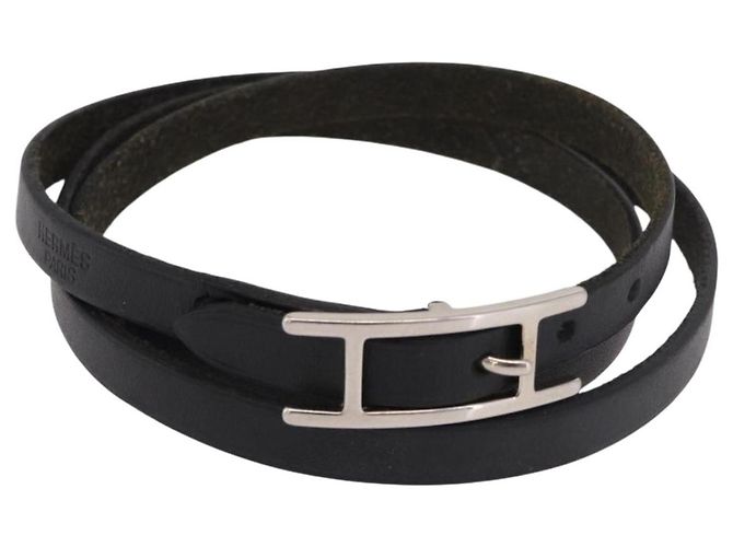 Hermès Pulseira HERMES Appi 3 de couro preto Auth 187888 
