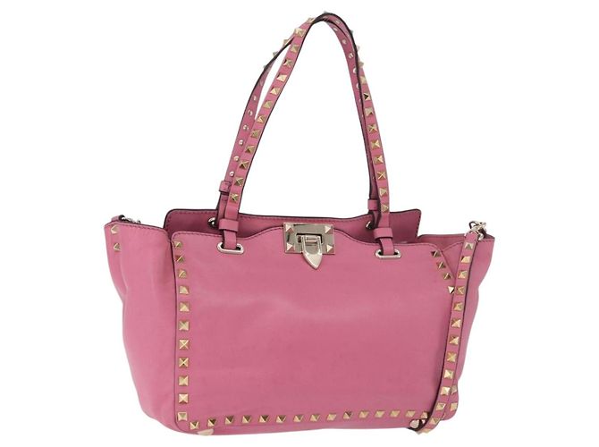 VALENTINO Studs Tote Bag Leder 2way Pink Gold Auth BA13725A Golden