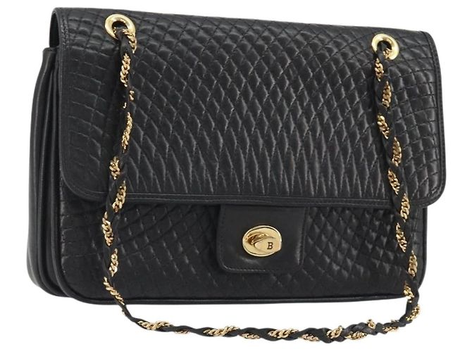 Bolsa de Ombro com Corrente BALLY em Couro Preto e Ouro Auth 190641A Dourado