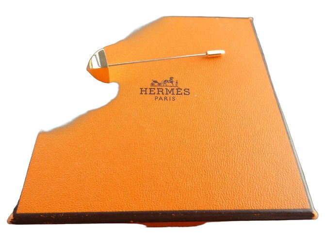 Broche Hermès en acier plaqué or avec une boite Doré 