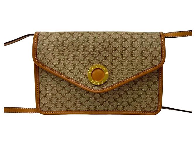 Céline Celine Vintage Circle Logo Hardware Macadam Pattern Schultertasche Braun Beige