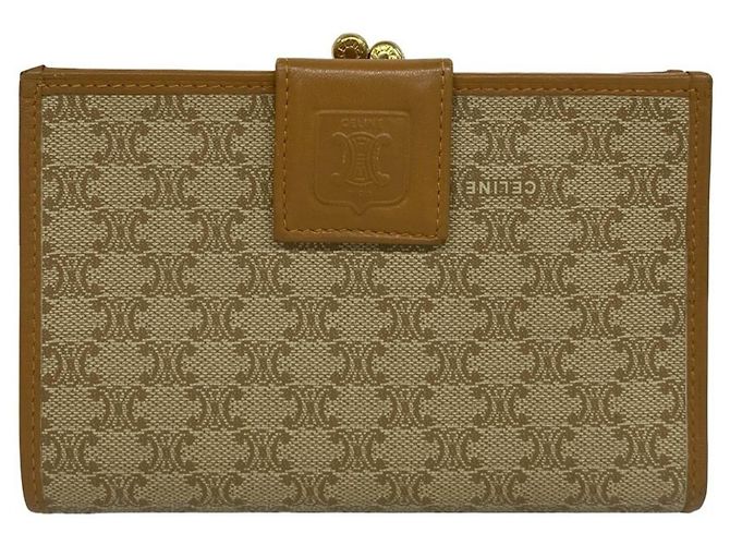 Céline Celine Vintage Macadam Blazon Logo Pattern Bi-fold Wallet Brown Beige