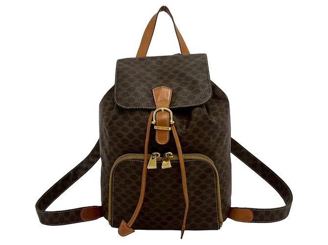 Céline Celine Vintage Macadam Blazon Pattern Leather Backpack Brown