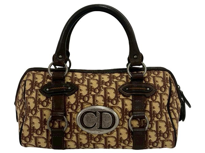 Mini bolsa Boston de lona marrom e couro Christian Dior
