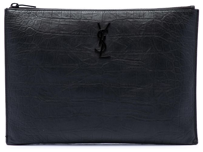 Portadocumenti Saint Laurent in pelle nera con stampa coccodrillo e monogramma Nero