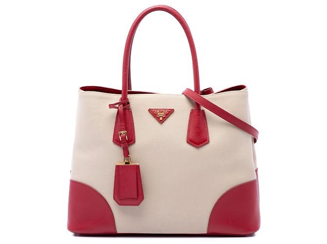 Bolsa dupla de canapa com acabamento em Saffiano bege grande Prada