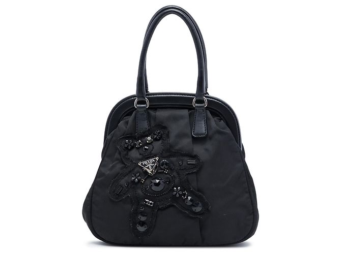 Abendtasche Prada Black Beaded Tessuto Evening Bear Frame Handbag Schwarz