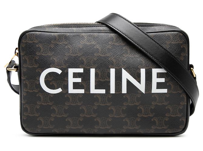 Céline Celine Black Medium Triomphe Coated Canvas Logo Crossbody Nero