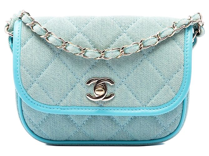 Chanel Blue Mini CC Quilted Denim Messenger Flap Bleu Turquoise