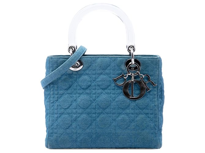 Lady Dior em denim azul Cannage com alças de acrílico Medium