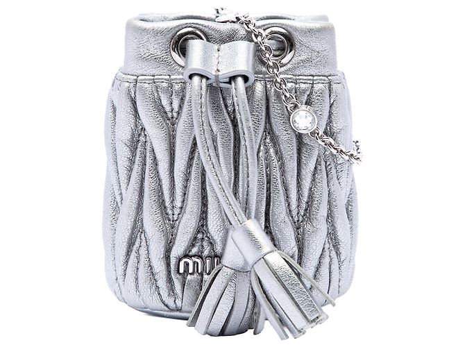 Borsa a secchiello Miu Miu Silver Mini Metallic Matelasse Nappa Crystal Chain Argento