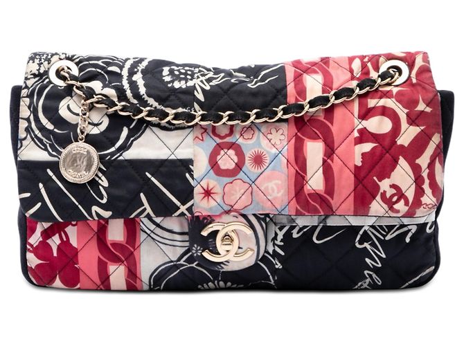 Chanel Black Jumbo Printed Nylon and Jersey Patchwork Single Flap Nero