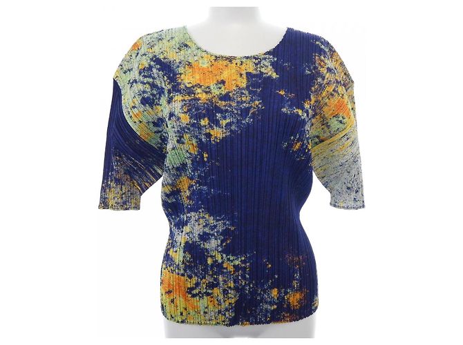 Issey Miyake PLEATS PLEASE Top plissado Azul Verde Amarelo Azul marinho