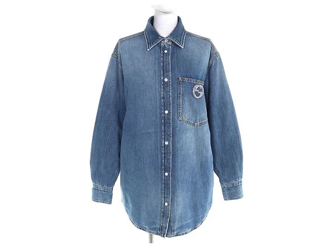 Camicia a maniche lunghe in denim con spilla Interlocking G Gucci Blu
