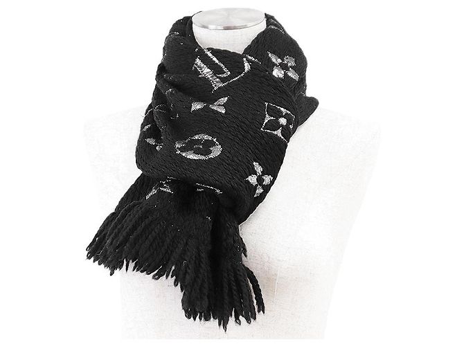 Cachecol Logomania Monogram de lã e seda metalizada Louis Vuitton Preto Prata