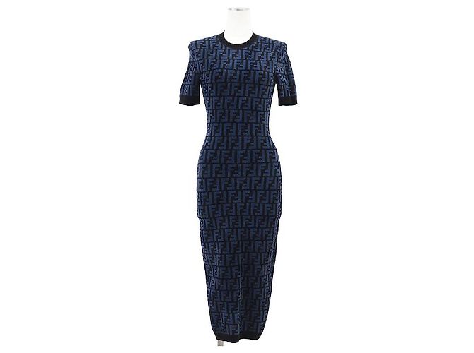 Fendi FF Zucca Micro Pile Jacquard Kleid Schwarz Blau