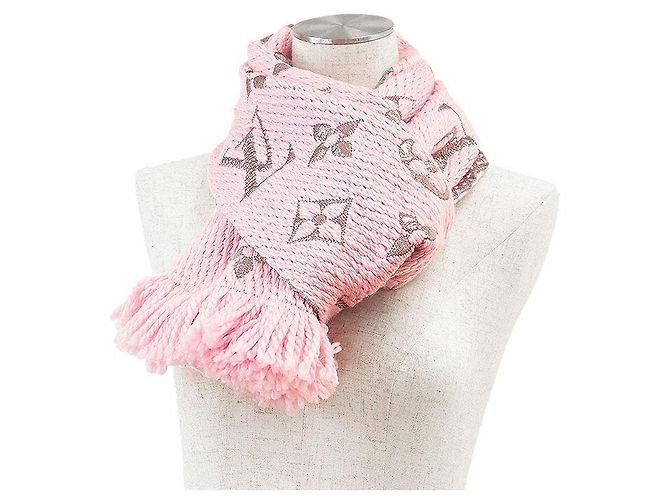 Sciarpa Louis Vuitton Logomania Monogram in lana e seta metallizzata Rosa D'oro