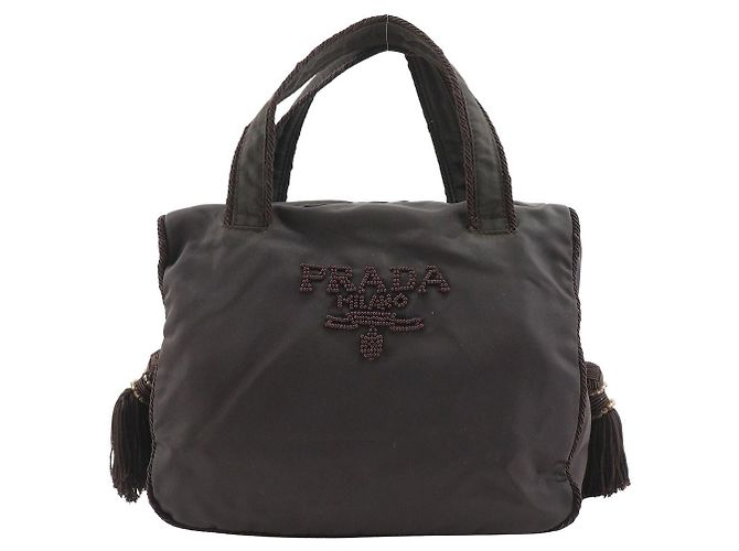 Borsa in nylon con logo con perline Prada Marrone